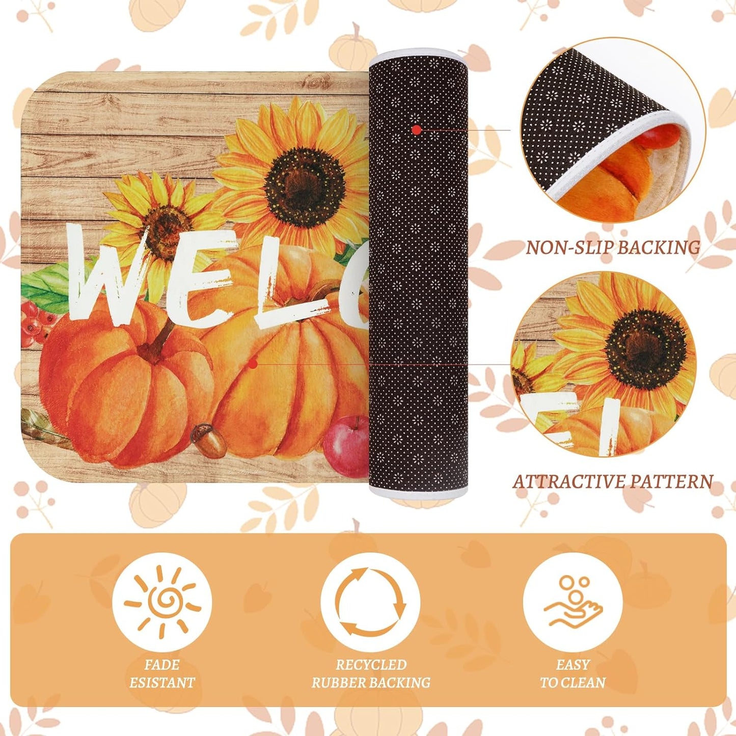 BLEUM CADE Fall Doormat Outdoor Welcome Mat for Entrance,Sunflower Pumpkin Door Mat Outside Entry Rug,18 x 30 inches