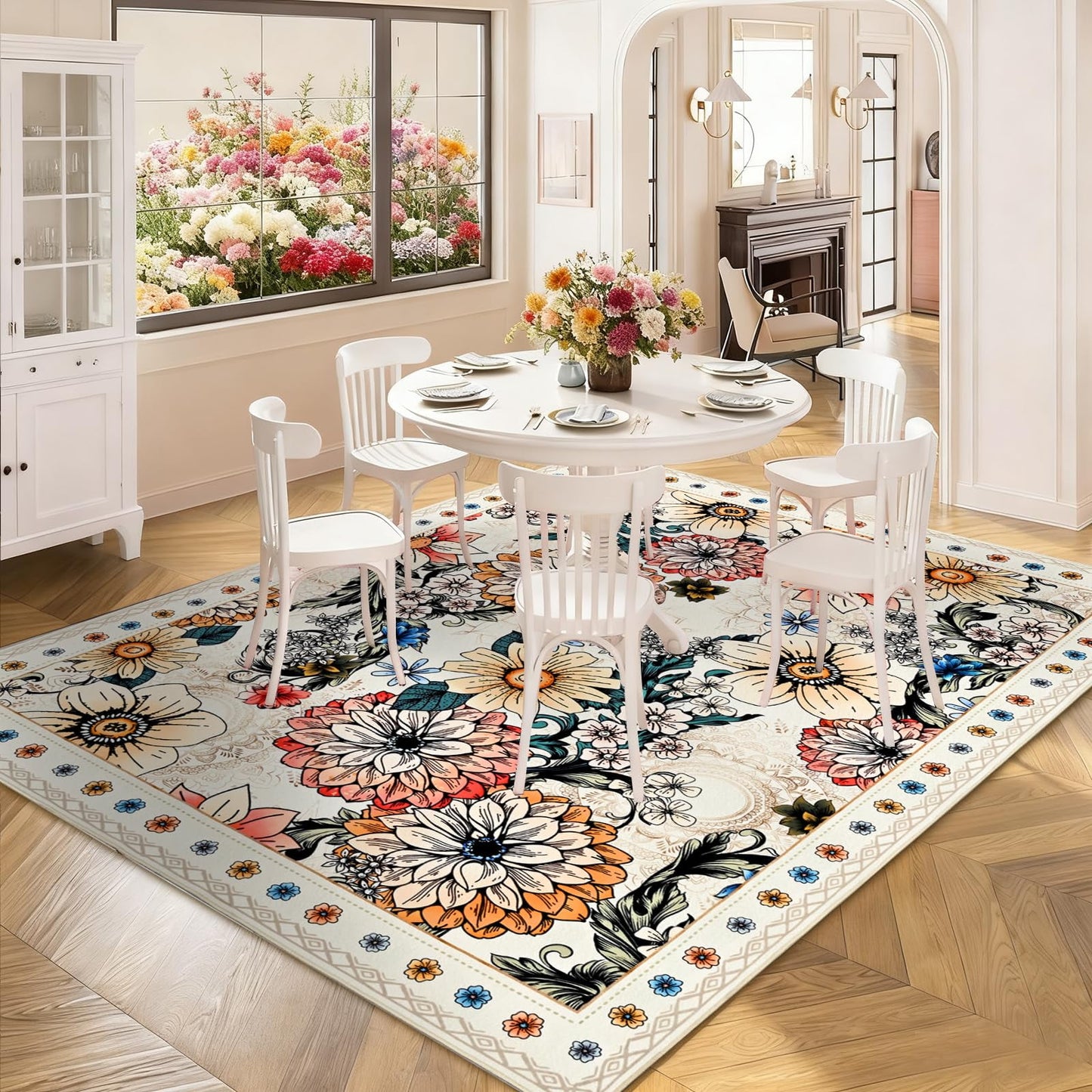 Bleum Cade Floral Area Rugs for Living Room 5x7, Boho Washable Rug, Soft Faux Wool Indoor Rug Carpet for Bedroom, Dining Room,White