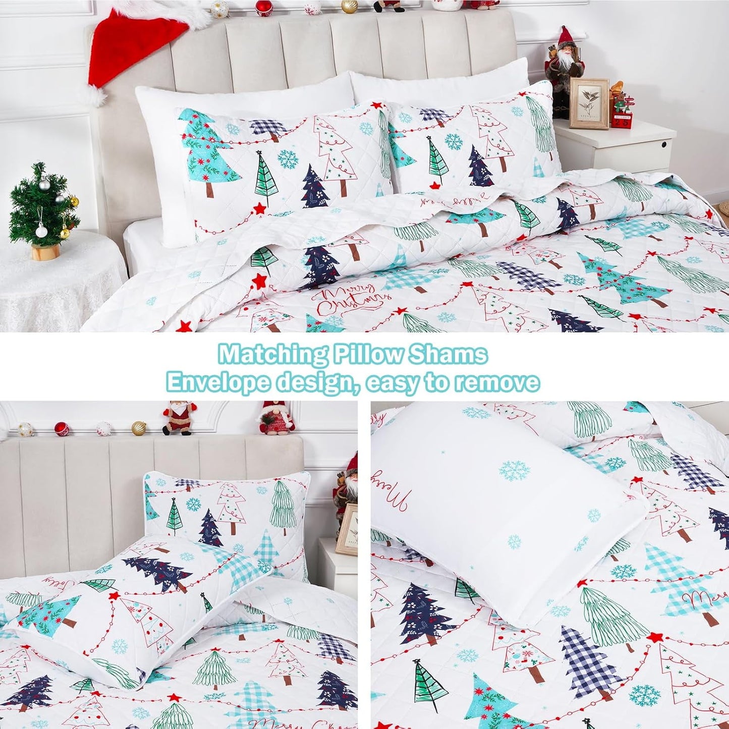 BLEUM CADE Christmas Quilt Set King with 2 Pillow Shams, 3 Pieces Holiday Reversible Bedding Set Christmas Trees Snowflakes Quilt Set Soft Lightweight Merry Christmas Bedspread Coverlet Set