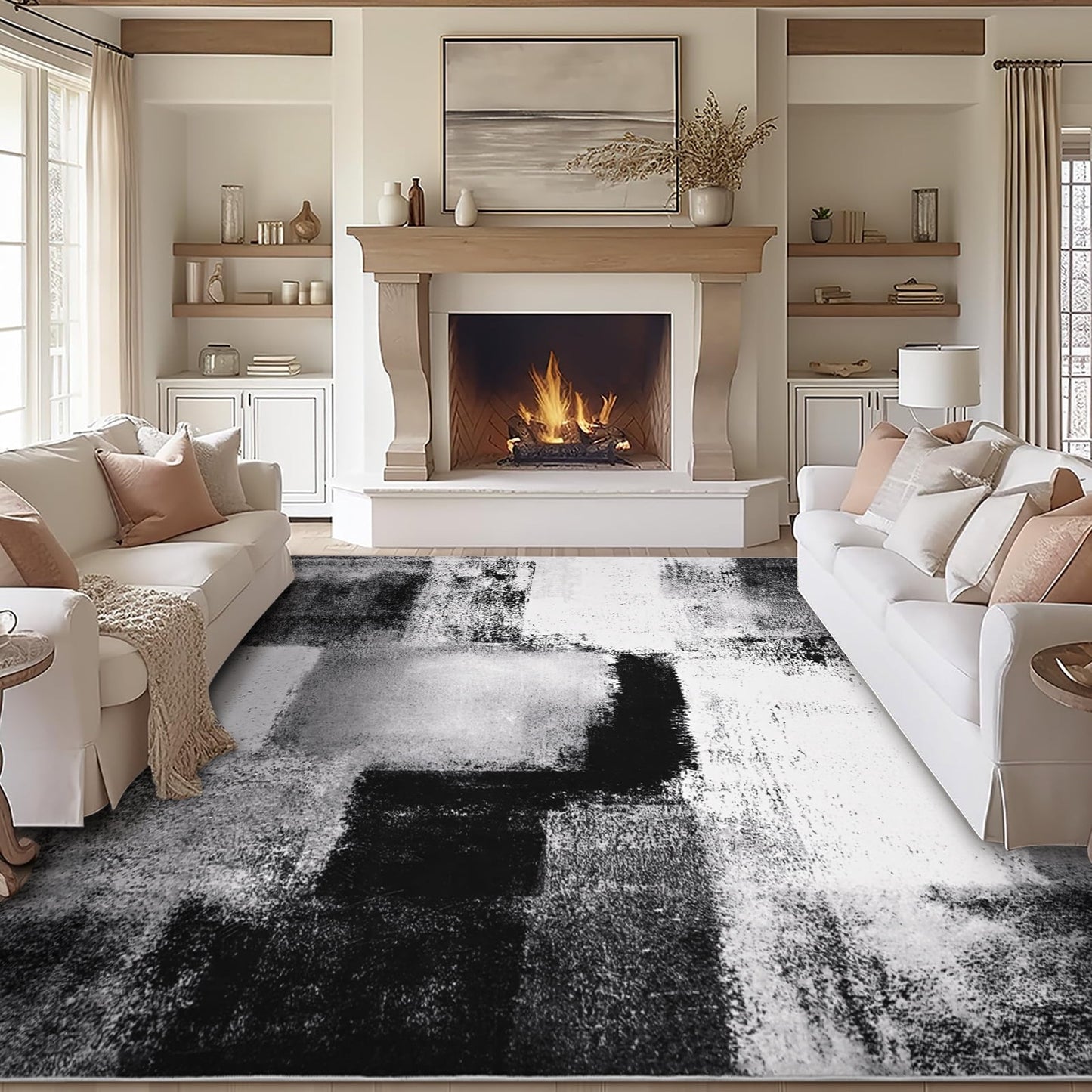 Bleum Cade 9x12 Abstract Area Rugs for Living Room, Patchwork Modern Geometric Rug Non Slip, Washable Soft Bedroom Rug Stain Resistant, Indoor Rugs Low Pile Carpet for Dining Room,Black