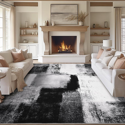 Bleum Cade 9x12 Abstract Area Rugs for Living Room, Patchwork Modern Geometric Rug Non Slip, Washable Soft Bedroom Rug Stain Resistant, Indoor Rugs Low Pile Carpet for Dining Room,Black
