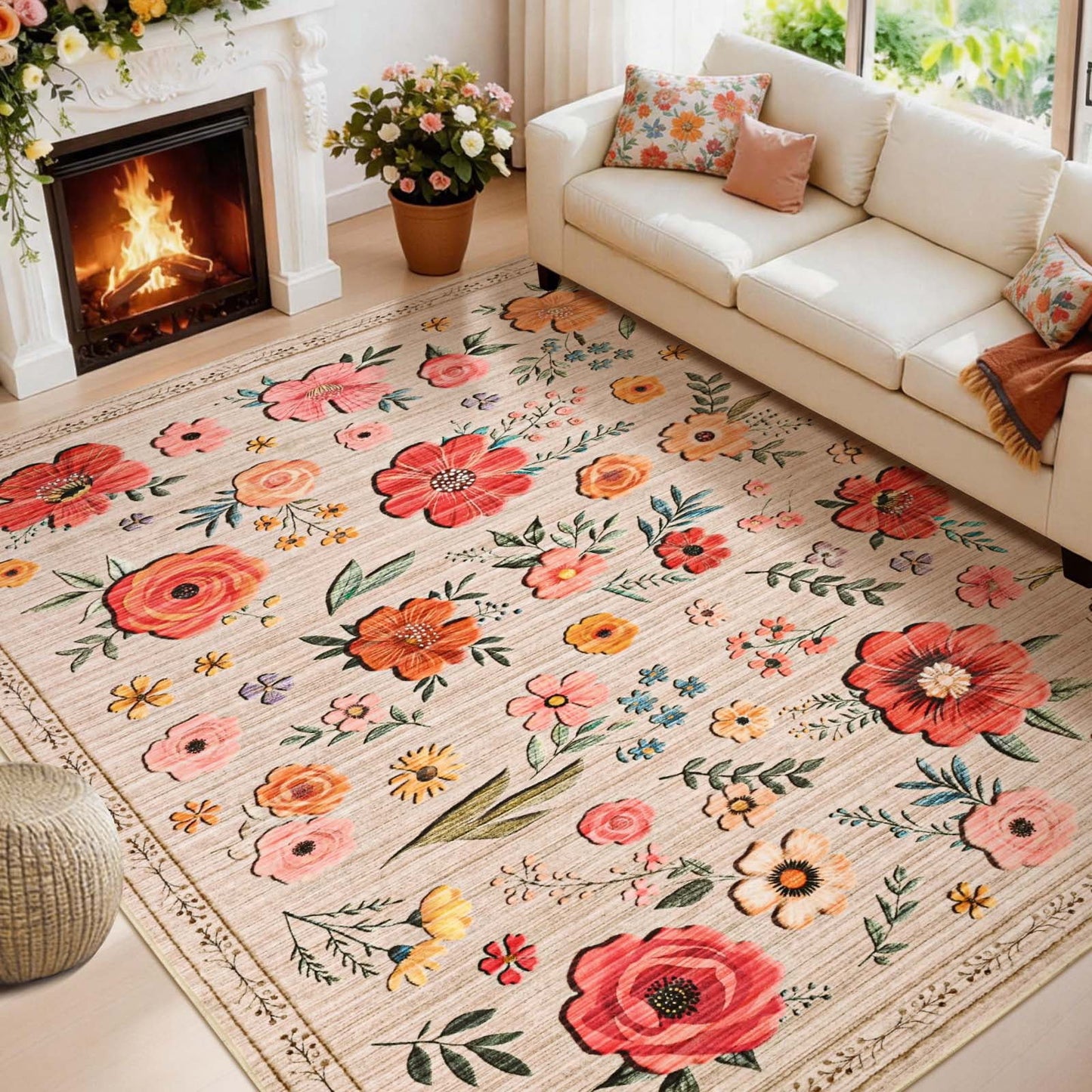Bleum Cade 5'x7' Boho Floral Area Rugs for Living Room, Machine Washable Rug for Bedroom, Non Slip Low Pile Ultra Soft Faux Wool Rug Indoor Carpet for Dining Room