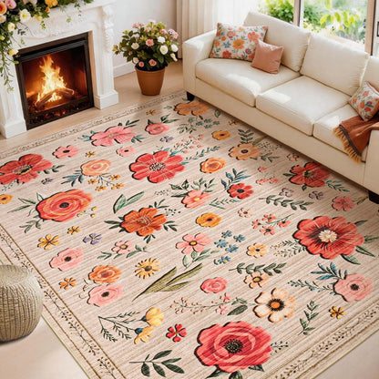 Bleum Cade 5'x7' Boho Floral Area Rugs for Living Room, Machine Washable Rug for Bedroom, Non Slip Low Pile Ultra Soft Faux Wool Rug Indoor Carpet for Dining Room