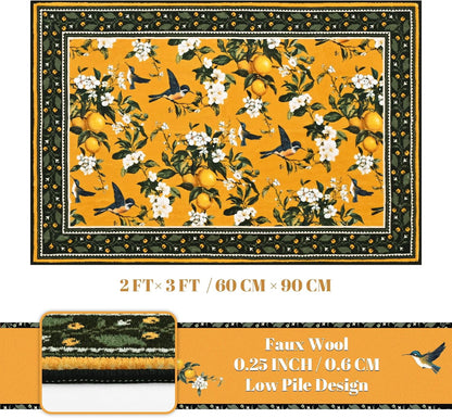 BLEUM CADE Yellow Floral Area Rug 2x3 Hummingbird Spring Foldable Vintage Rug Outdoor Lemon Welcome Mat with Rubber Backing