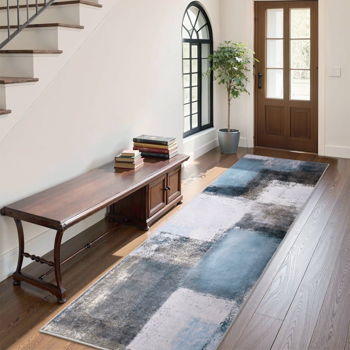 Bleum Cade Modern Abstract Patchwork Indoor Runner Rug for Living Room, 2'x 6' Rug, Throw Carpet for Office Entryway Dining Room,Blue