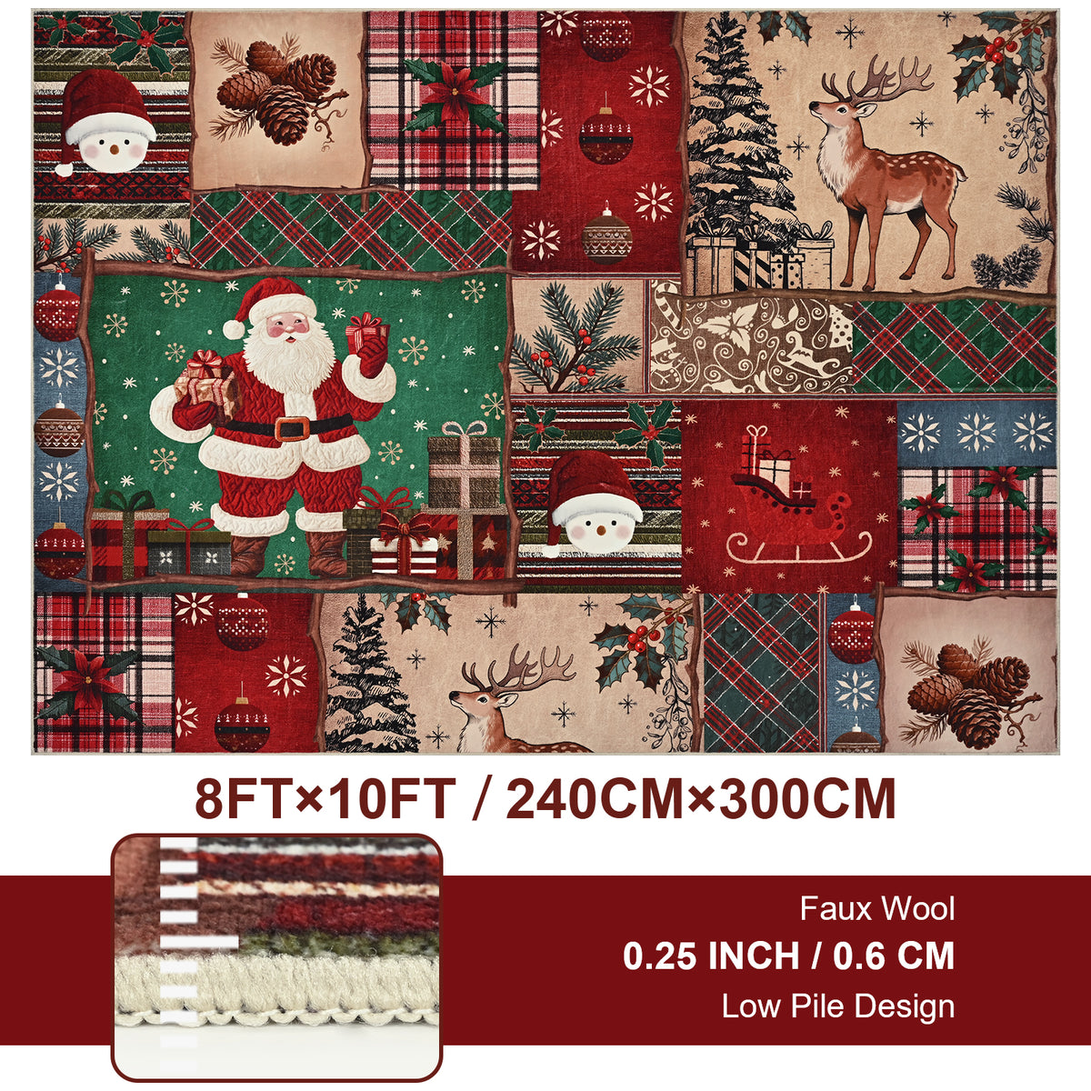 BLEUM CADE Christmas Rug for Bedroom 8x10, Santa Claus Washable Rug for Living Room Non Slip, Large Throw Carpet for Dining Room,Christmas Decorations