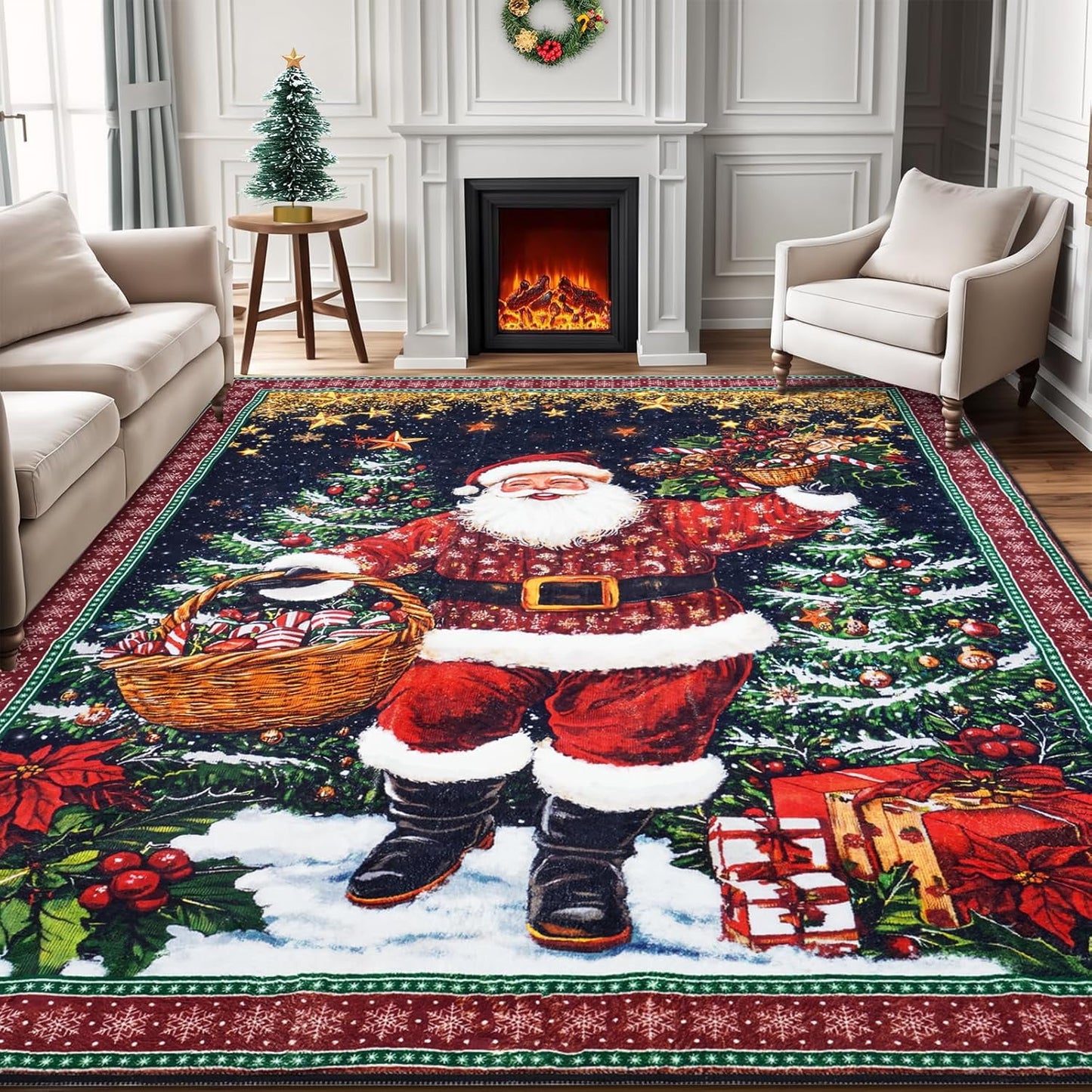BLUEM CADE Santa Claus Christmas 3' x 5' Area Rug for Living Room Bedroom,Xmas Decor Machine Washable Rug Carpet with Non-slip Backing
