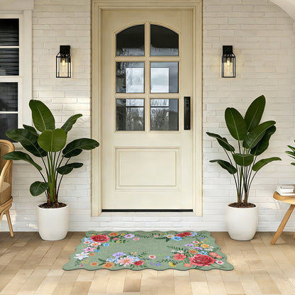 BLEUM CADE Spring Door Mat Low Profile Welcome Mat,Non Slip Rubber Backing Outside Door Mats Green Floral for Front Door,Patio,Entryway,18" x 30"