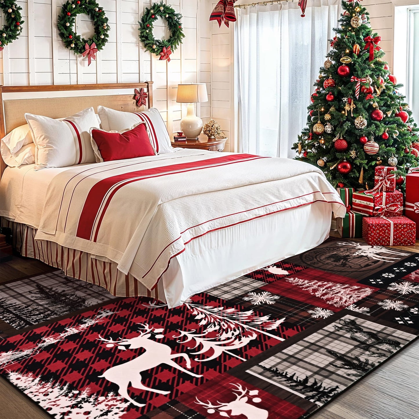 Bleum Cade Christmas Rugs for Living Room 5x7 Area Rug, Christmas Tree Washable Rug for Bedroom, Non Slip Durable Soft Buffalo Plaid Throw Rugs Xmas Carpet for Dining Room