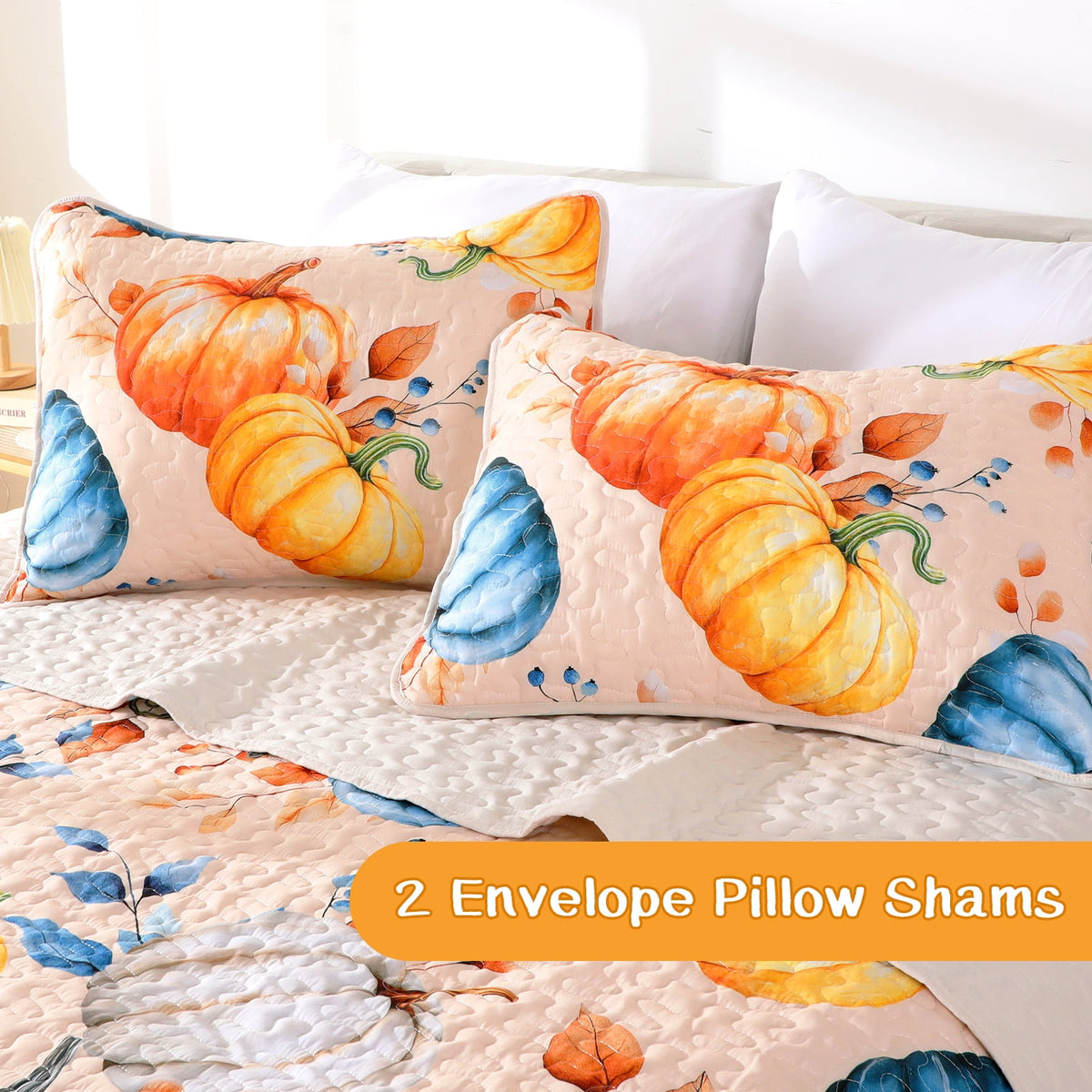 Bleum Cade Fall Quilt Set 3 Pieces King Size, Thanksgiving Blue & Yellow Pumpkins Bedding Set,Soft Lightweight Coverlet Set for King Bed,(Off-white,90"x 104")