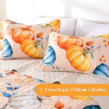 Bleum Cade Fall Quilt Set 3 Pieces King Size, Thanksgiving Blue & Yellow Pumpkins Bedding Set,Soft Lightweight Coverlet Set for King Bed,(Off-white,90"x 104")
