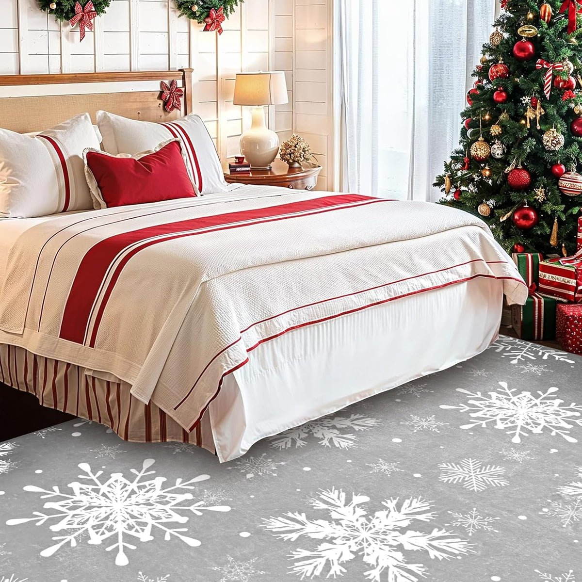 BLEUM CADE Christmas Snowflake Area Rug, Red 8x10 Rug Washable Non Slip, Winter Christmas Rugs for Living Room, Xmas Decor Low Pile Throw Rug Carpet