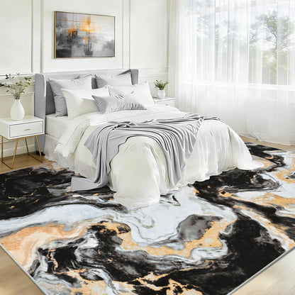 Bleum Cade 8'x10' Area Rugs for Living Room, Marble Black and Gold Abstract Rug,Modern Washable Rugs Low Pile Non Slip, Ultra Soft Faux Wool Non Slip Durable Large Carpet Home Decor