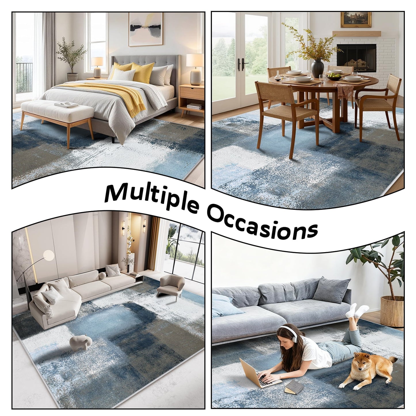 Bleum Cade 6x9 Abstract Area Rugs for Living Room, Modern Geometric Rug Non Slip, Patchwork Washable Soft Bedroom Rug Stain Resistant, Indoor Rugs Low Pile Carpet,Blue