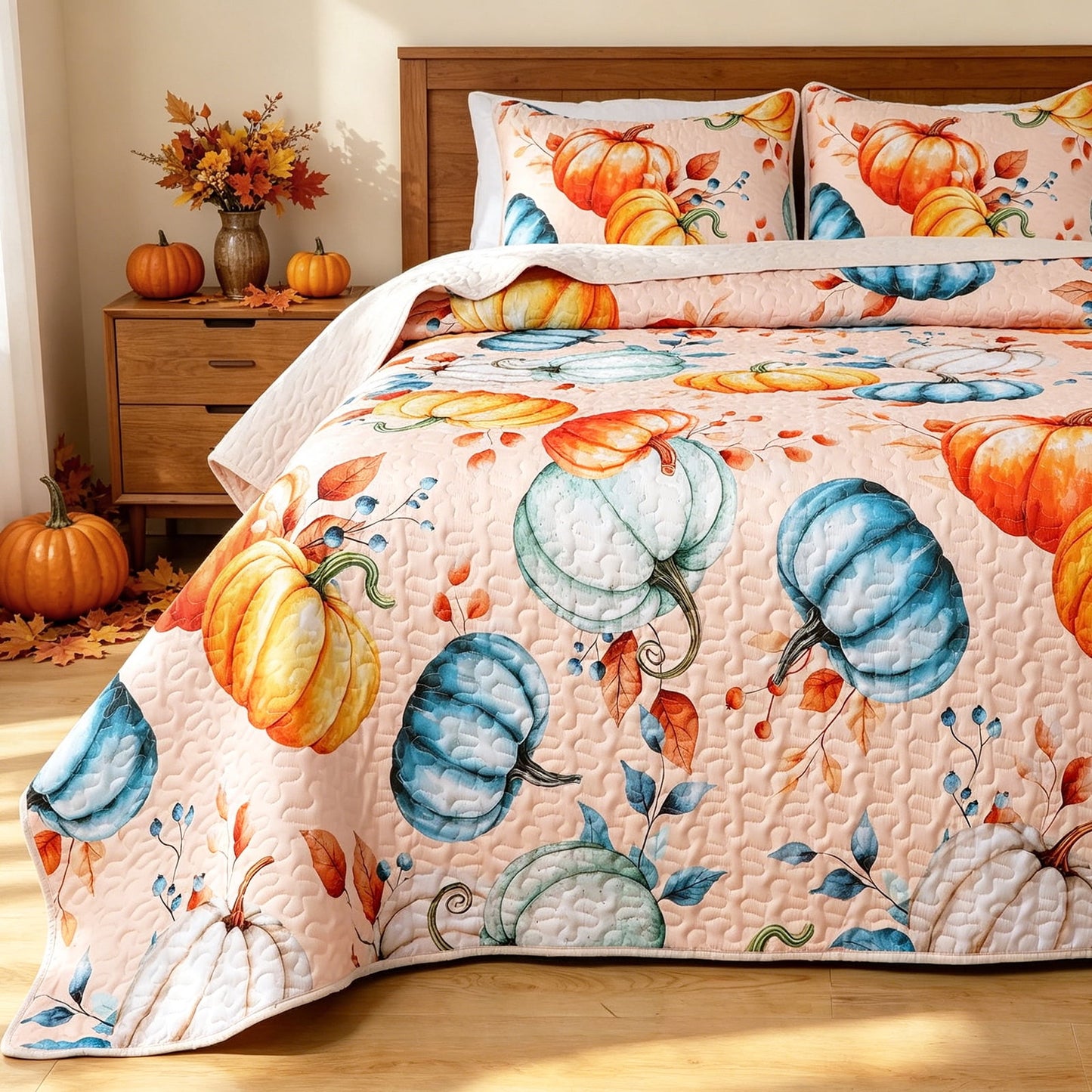 Bleum Cade Fall Quilt Set 3 Pieces Queen Size, Thanksgiving Blue & Yellow Pumpkins Bedding Set,Soft Lightweight Coverlet Set for Queen Bed,(Off-white,90"x 90")