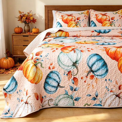 Bleum Cade Fall Quilt Set 3 Pieces Queen Size, Thanksgiving Blue & Yellow Pumpkins Bedding Set,Soft Lightweight Coverlet Set for Queen Bed,(Off-white,90"x 90")