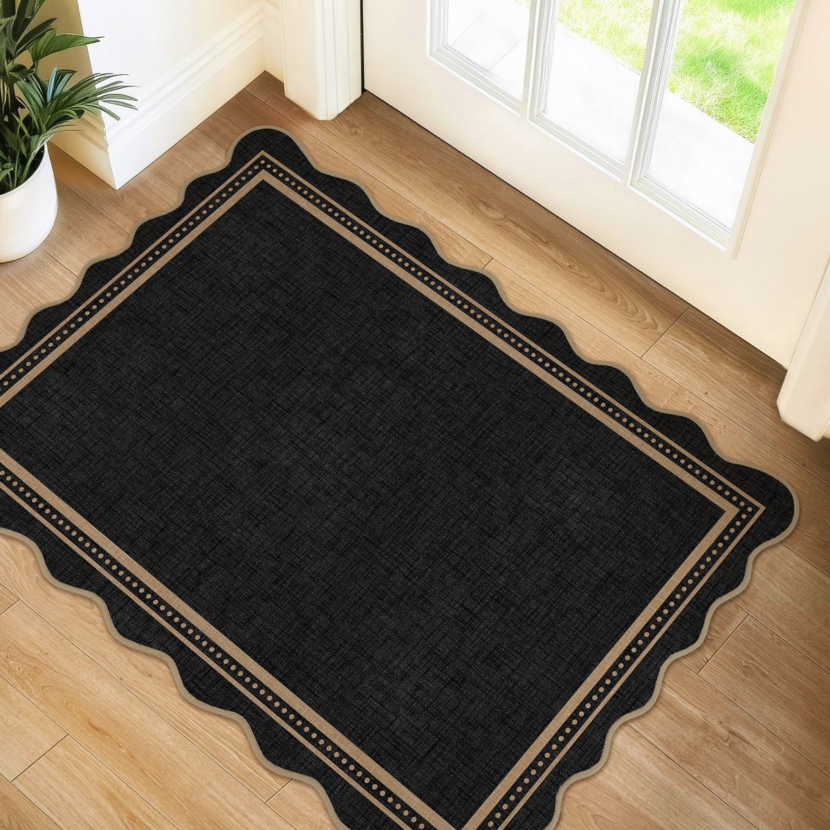 Bleum Cade Scalloped Entryway Rug 2'x 3', Washable Rug Solid Black Non Slip Door Mat Indoor,Soft Low Pile Ultra-Thin Stain‑Resistant Carpet for Kitchen,Hallway,Dorm