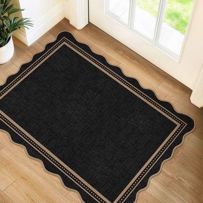 Bleum Cade Scalloped Entryway Rug 2'x 3', Washable Rug Solid Black Non Slip Door Mat Indoor,Soft Low Pile Ultra-Thin Stain‑Resistant Carpet for Kitchen,Hallway,Dorm