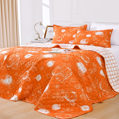 BLEUM CADE 3 Pieces Fall Quilt Set Queen Size, Thanksgiving Reversible Bedding Set Pumpkins Quilt Set, Soft Lightweight Bedspread Coverlet Set Queen