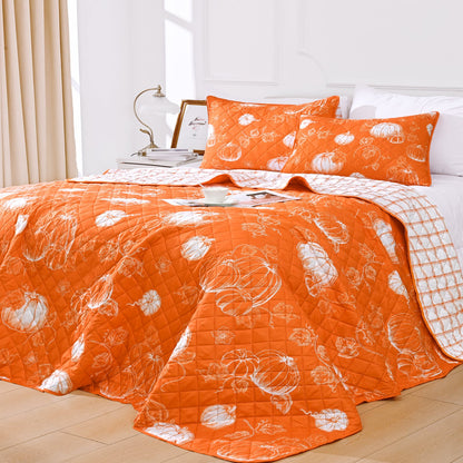 BLEUM CADE 3 Pieces Fall Quilt Set Queen Size, Thanksgiving Reversible Bedding Set Pumpkins Quilt Set, Soft Lightweight Bedspread Coverlet Set Queen