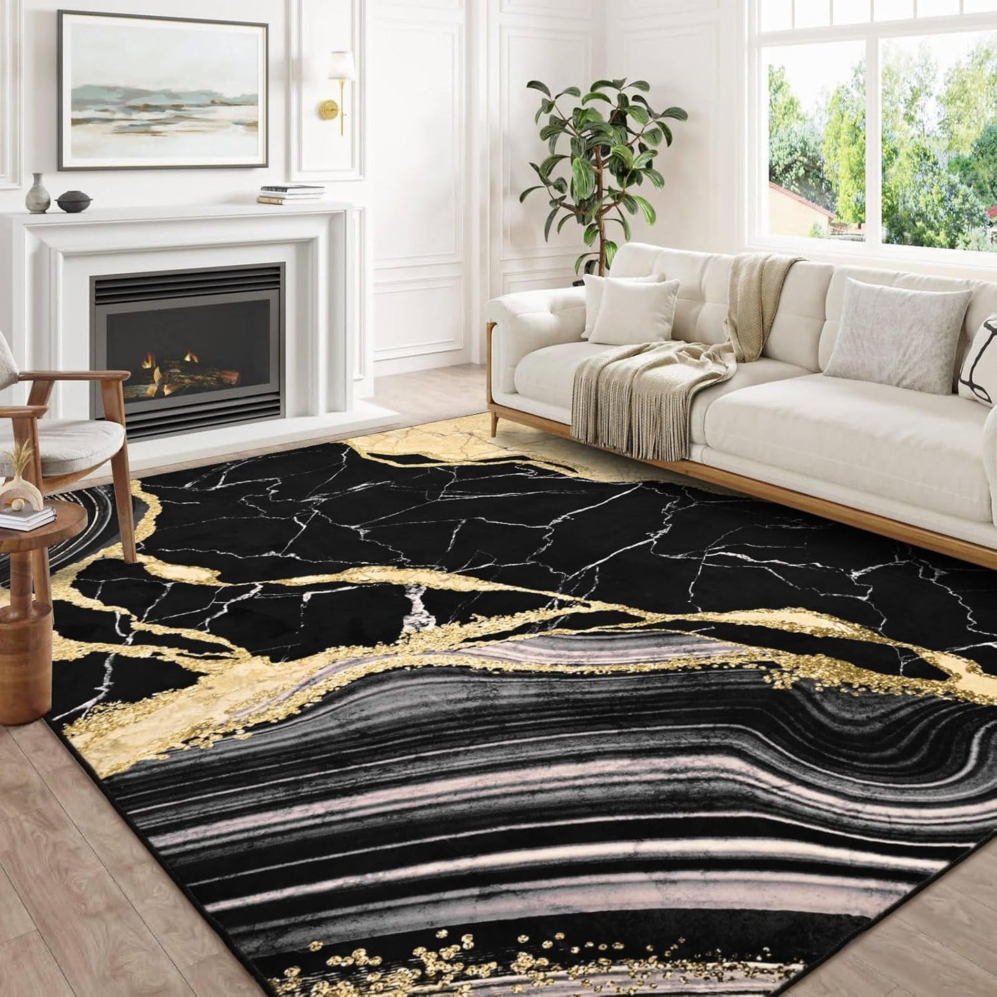 Bleum Cade 8'x10' Area Rugs for Living Room, Washable Rugs Modern Rugs for Bedroom Dinning Room,Marble Abstract Rug Ultra Soft Non Slip Durable Large Carpet Home Decor, Black Gold