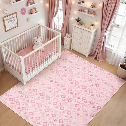 Bleum Cade Valentine's Day Pink Rugs for Living Room 5x7 Area Rug,Washable Rugs for Bedroom,Non-Slip Low Pile Super Soft Indoor Carpet Modern Home Decor Pink Diamond-shaped Grid