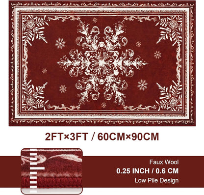 BLEUM CADE Christmas Snowflake Area Rugs 2x3 Door Mat, Non Slip Washable Entryway Rug Outdoor Indoor Welcome Mat for Entrance,Christmas Decorations,Red