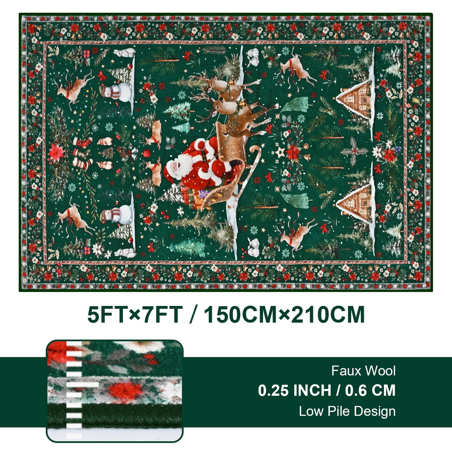 Bleum Cade Christmas Rugs for Living Room 5x7 Area Rug,Christmas Santa Washable Rugs for Bedroom,Soft Faux Wool Non Slip Bedroom Rugs,Winter Green Large Carpet for Dining Room,Christmas Decorations