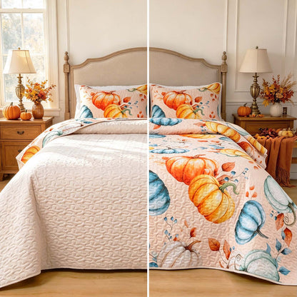 Bleum Cade Fall Quilt Set 3 Pieces King Size, Thanksgiving Blue & Yellow Pumpkins Bedding Set,Soft Lightweight Coverlet Set for King Bed,(Off-white,90"x 104")