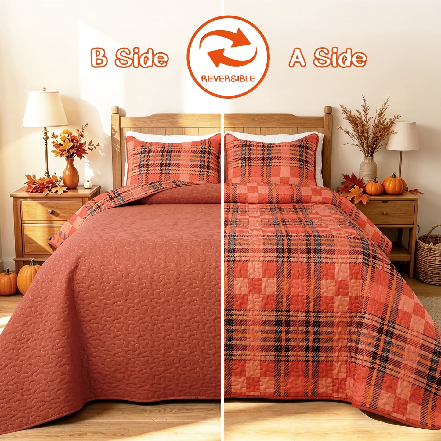 Bleum Cade Fall Quilt Set King Size 3 Pieces,Thanksgiving Orange Buffalo Plaid Lightweight Bedding Set,Soft Cozy Bedspread Coverlet Set King(90"x 104")