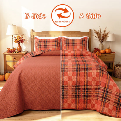 Bleum Cade Fall Quilt Set King Size 3 Pieces,Thanksgiving Orange Buffalo Plaid Lightweight Bedding Set,Soft Cozy Bedspread Coverlet Set King(90"x 104")