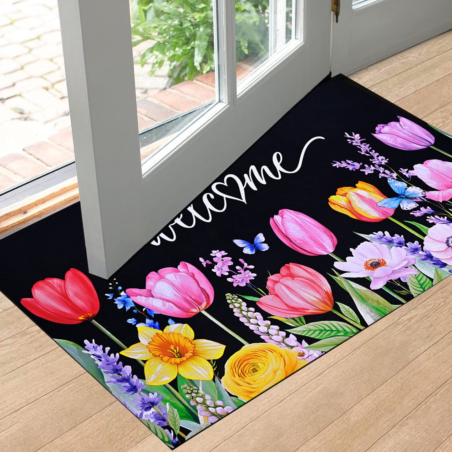 BLEUM CADE Spring Welcome Mat Floral Non Slip Outdoor Doormats,Tulip Low Profile Door Mat for Front Entrance & Outside Patio,18" x 30"