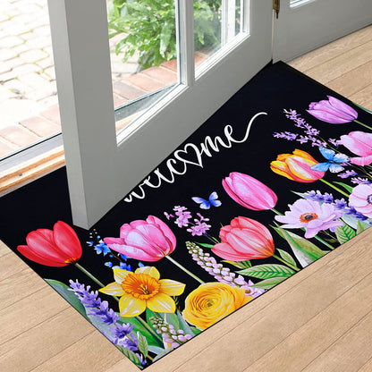 BLEUM CADE Spring Welcome Mat Floral Non Slip Outdoor Doormats,Tulip Low Profile Door Mat for Front Entrance & Outside Patio,18" x 30"