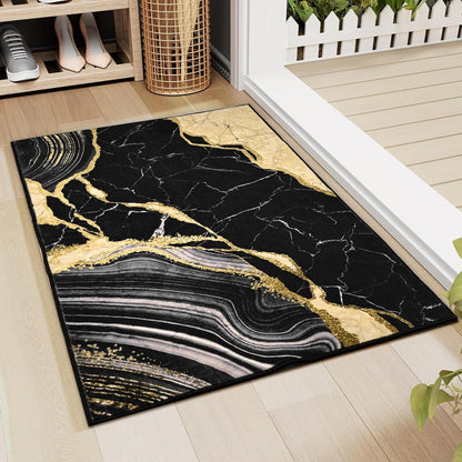 Bleum Cade Area Rugs for Doormat 2X3,Marble Swirl Abstract Rugs, Machine Washable Foldable Non Slip Outdoor Indoor Welcome Mat,Black Gold