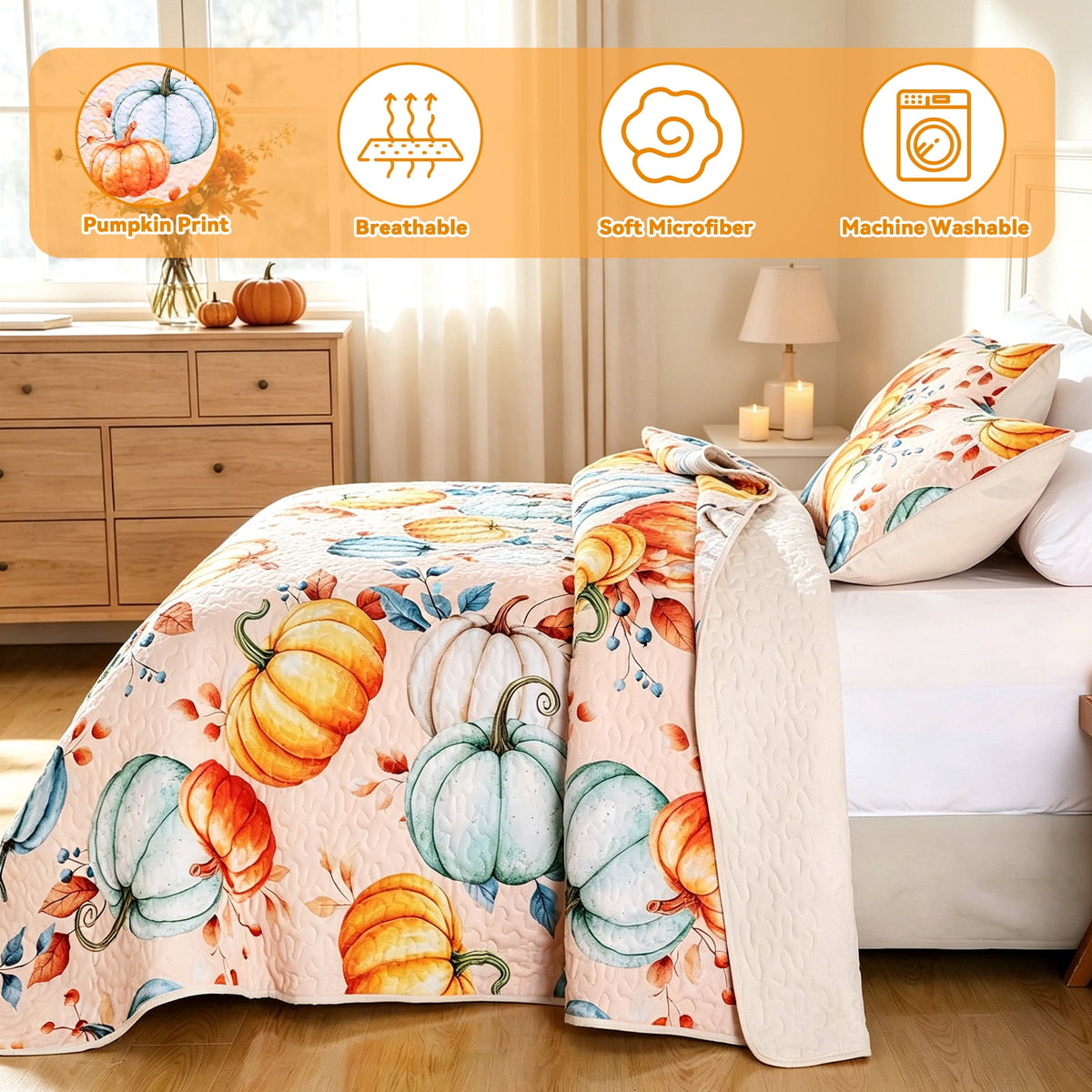 Bleum Cade Fall Quilt Set 3 Pieces King Size, Thanksgiving Blue & Yellow Pumpkins Bedding Set,Soft Lightweight Coverlet Set for King Bed,(Off-white,90"x 104")