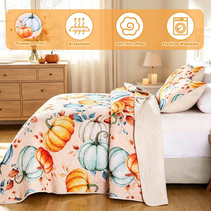 Bleum Cade Fall Quilt Set 3 Pieces King Size, Thanksgiving Blue & Yellow Pumpkins Bedding Set,Soft Lightweight Coverlet Set for King Bed,(Off-white,90"x 104")