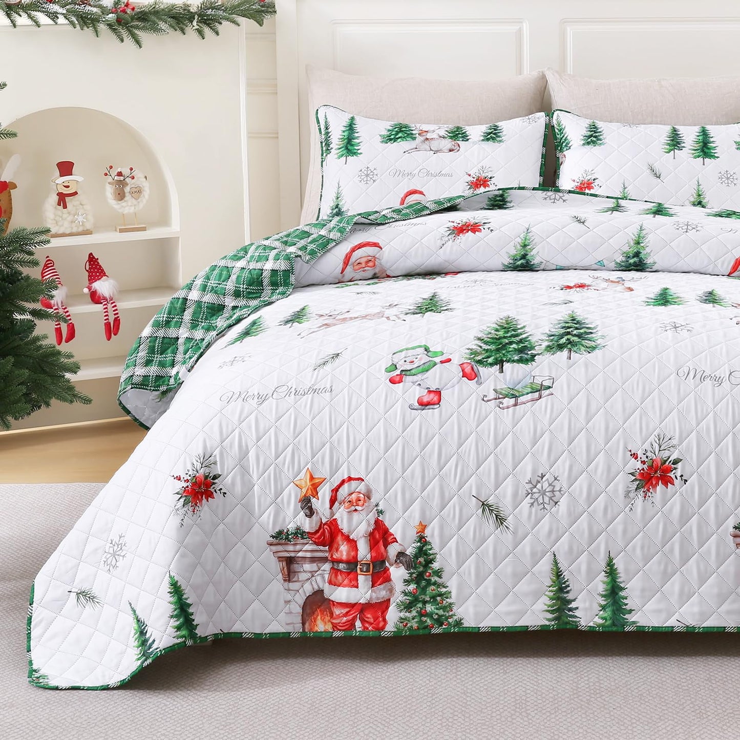 BLEUM CADE 3 Pieces Christmas Quilts Sets Queen Size, Christmas Tree Quilt Bedding Set, Reversible Green Buffalo Plaid Comforter Sets, Santa Claus Soft Lightweight Xmas Bedspread Coverlet, 90"x90"