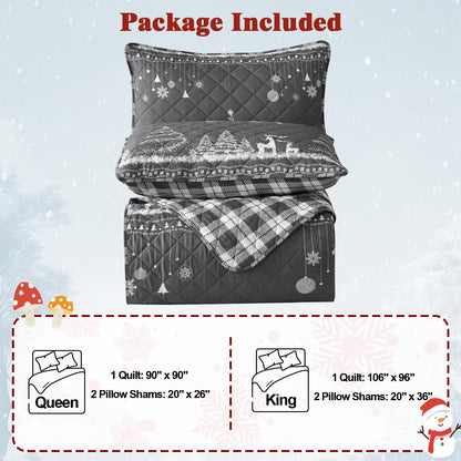 BLEUM CADE Christmas Quilt Set King Size, 3 Pieces Christmas Trees Reversible Quilt Bedding Set,Snowflakes Soft Lightweight Bedspread Coverlet Set (1 Quilt, 2 Pillow Shams)