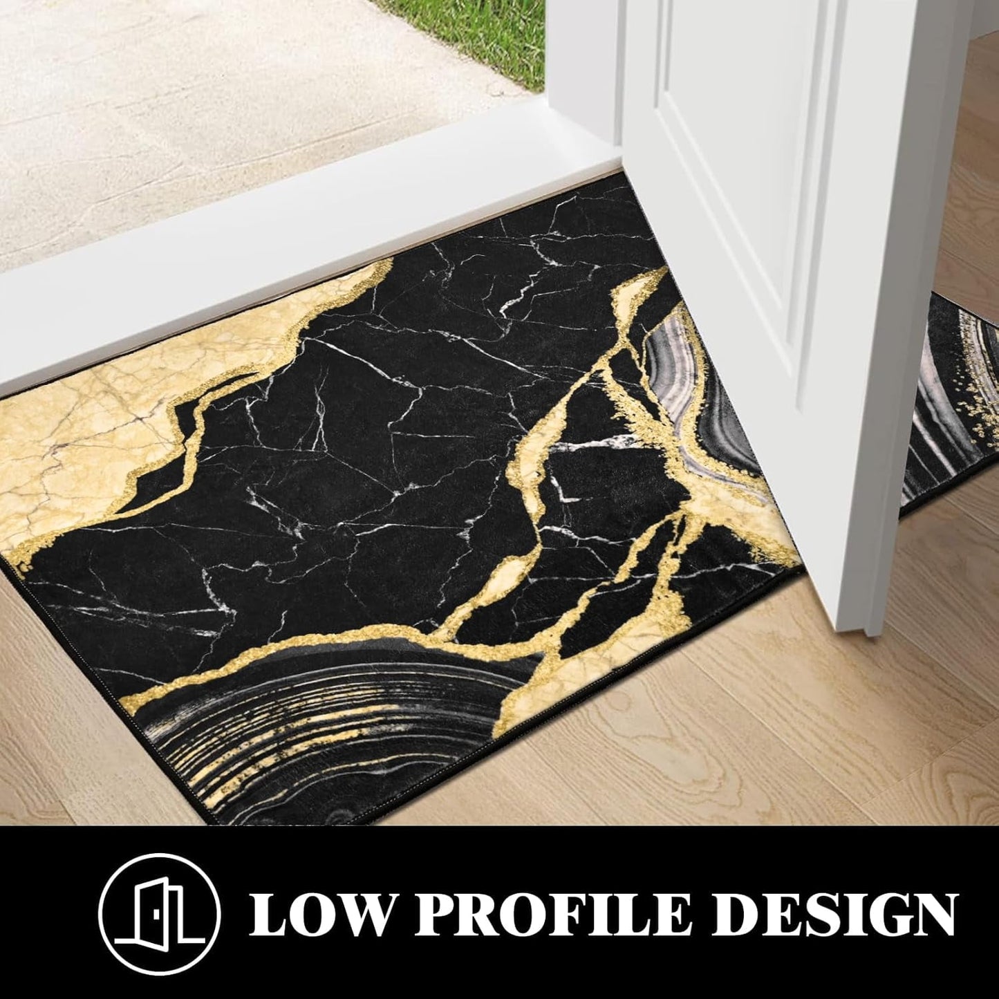 Bleum Cade Area Rugs for Doormat 2X3,Marble Swirl Abstract Rugs, Machine Washable Foldable Non Slip Outdoor Indoor Welcome Mat,Black Gold