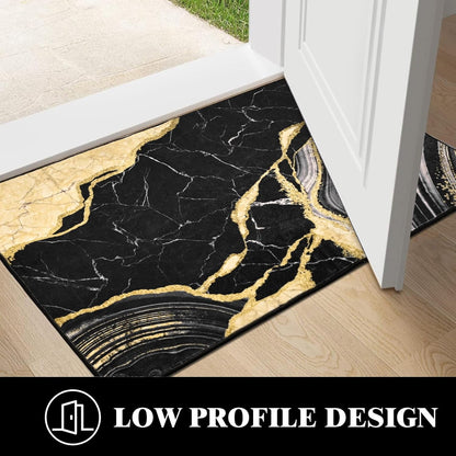 Bleum Cade Area Rugs for Doormat 2X3,Marble Swirl Abstract Rugs, Machine Washable Foldable Non Slip Outdoor Indoor Welcome Mat,Black Gold