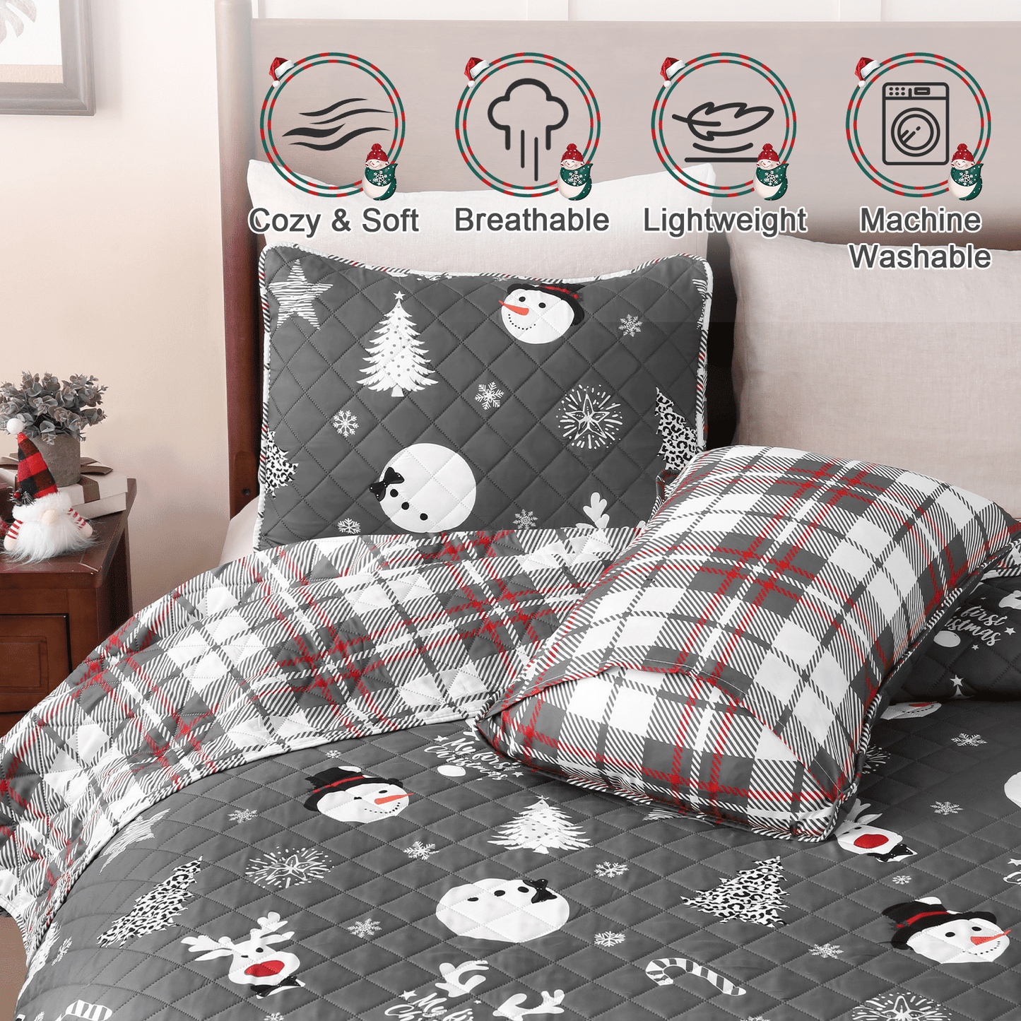 BLEUM CADE Christmas Quilts Sets Queen Size,3 Pieces Christmas Tree Quilt Bedding Set, Reversible Grey Buffalo Plaid Comforter Sets, Soft Lightweight Xmas Bedspread Coverlet,90"x90"