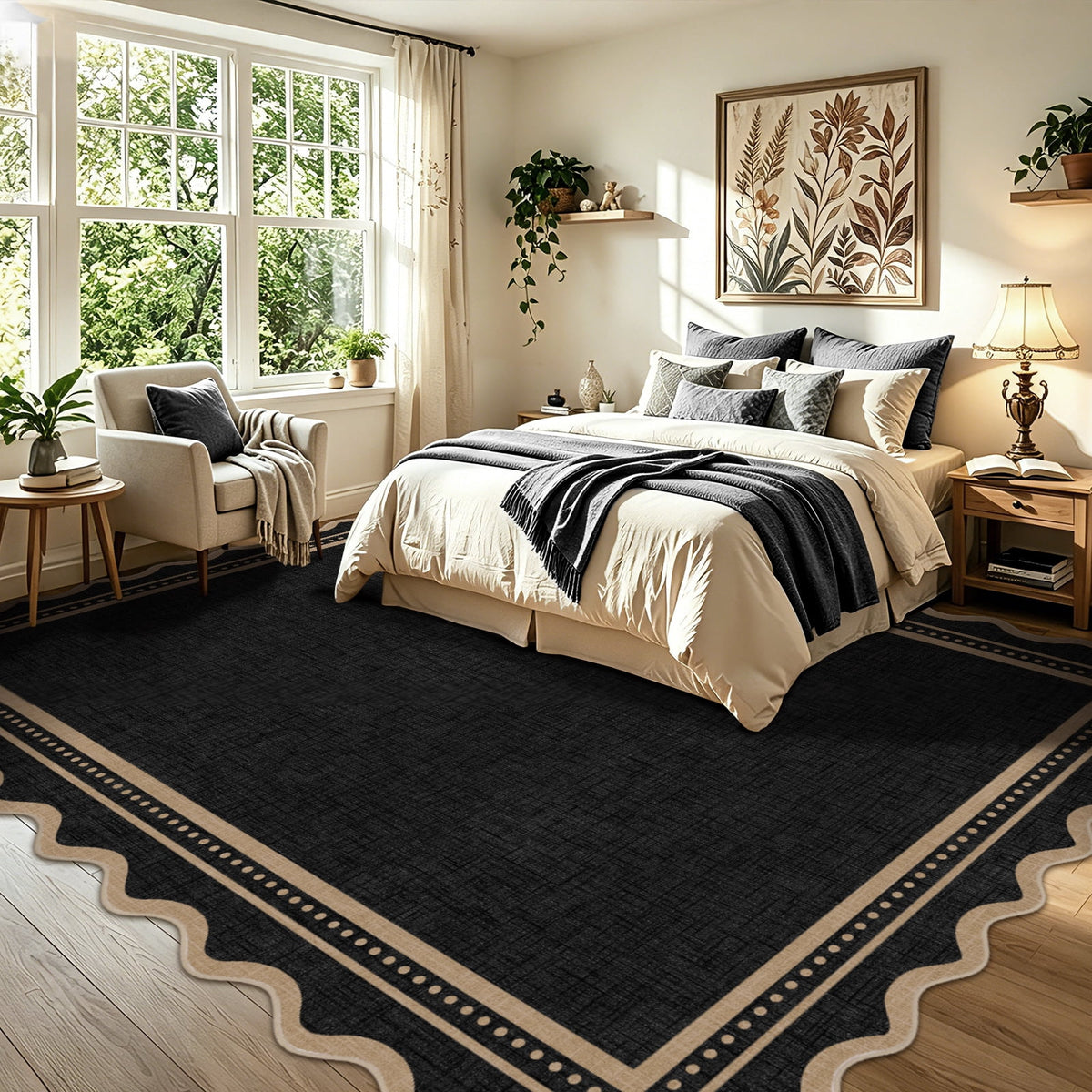 Bleum Cade Washable 8'x 10' Area Rugs for Living Room,Scalloped Solid Black Non Slip Rugs for Bedroom Dinning Room,Ultra Soft Stain‑Resistant Large Carpet for High Traffic Areas