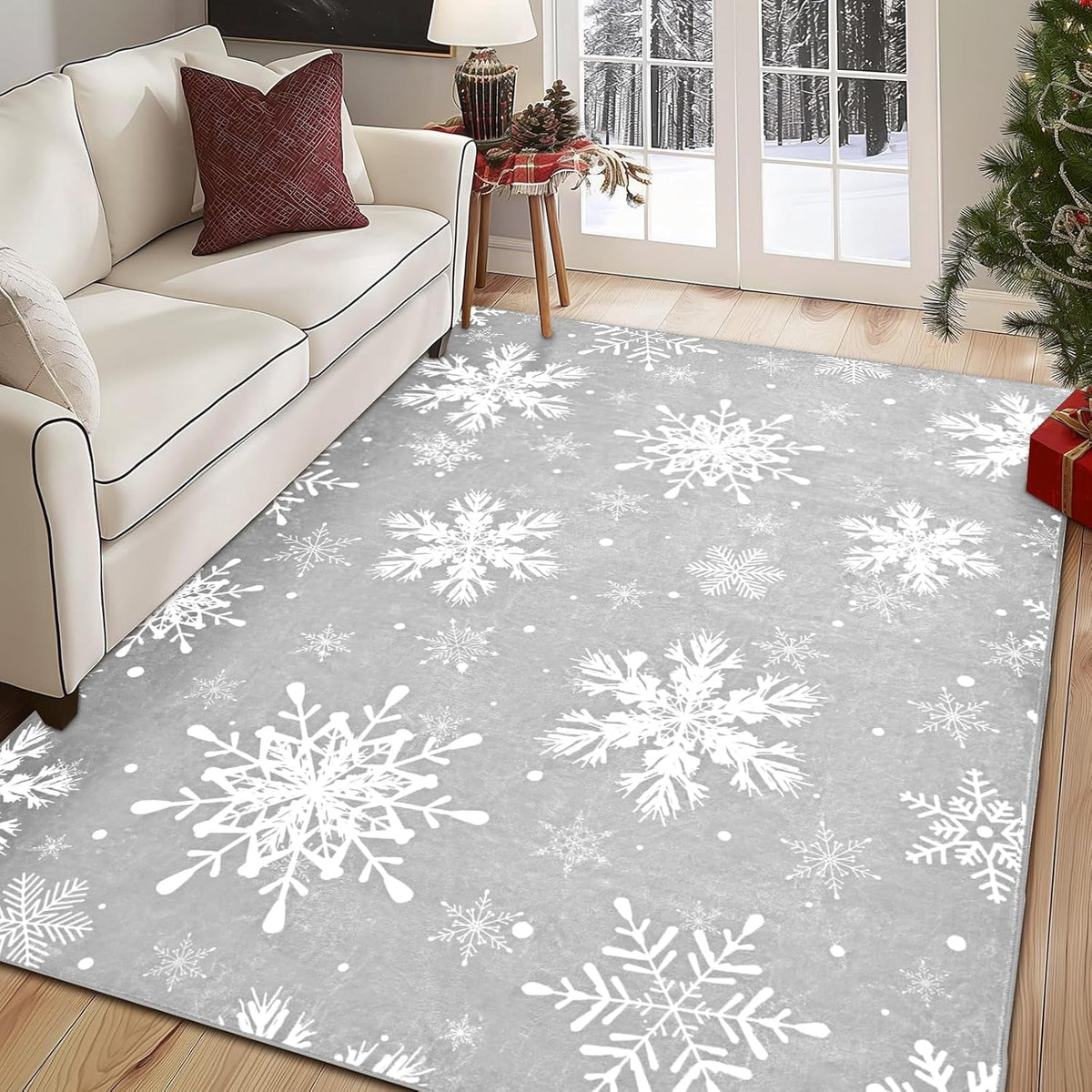 BLEUM CADE Christmas Snowflake Area Rug, Red 8x10 Rug Washable Non Slip, Winter Christmas Rugs for Living Room, Xmas Decor Low Pile Throw Rug Carpet