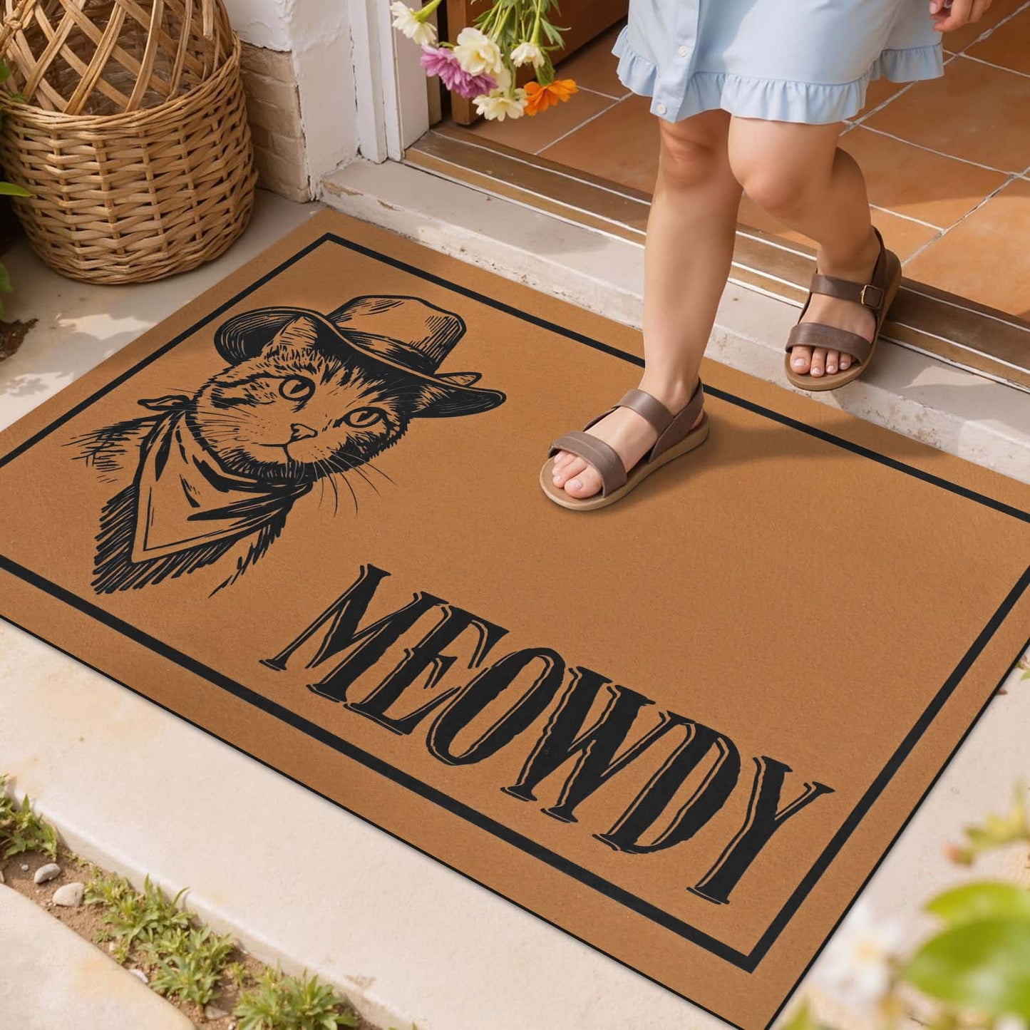 Bleum Cade Meowdy Welcome Mat,Black Cat Low Profile Front Door Mat Non-Slip Rubber Backing Doormat for Cat Lover Outdoor Indoor Home Decor,Brown,18"x30"