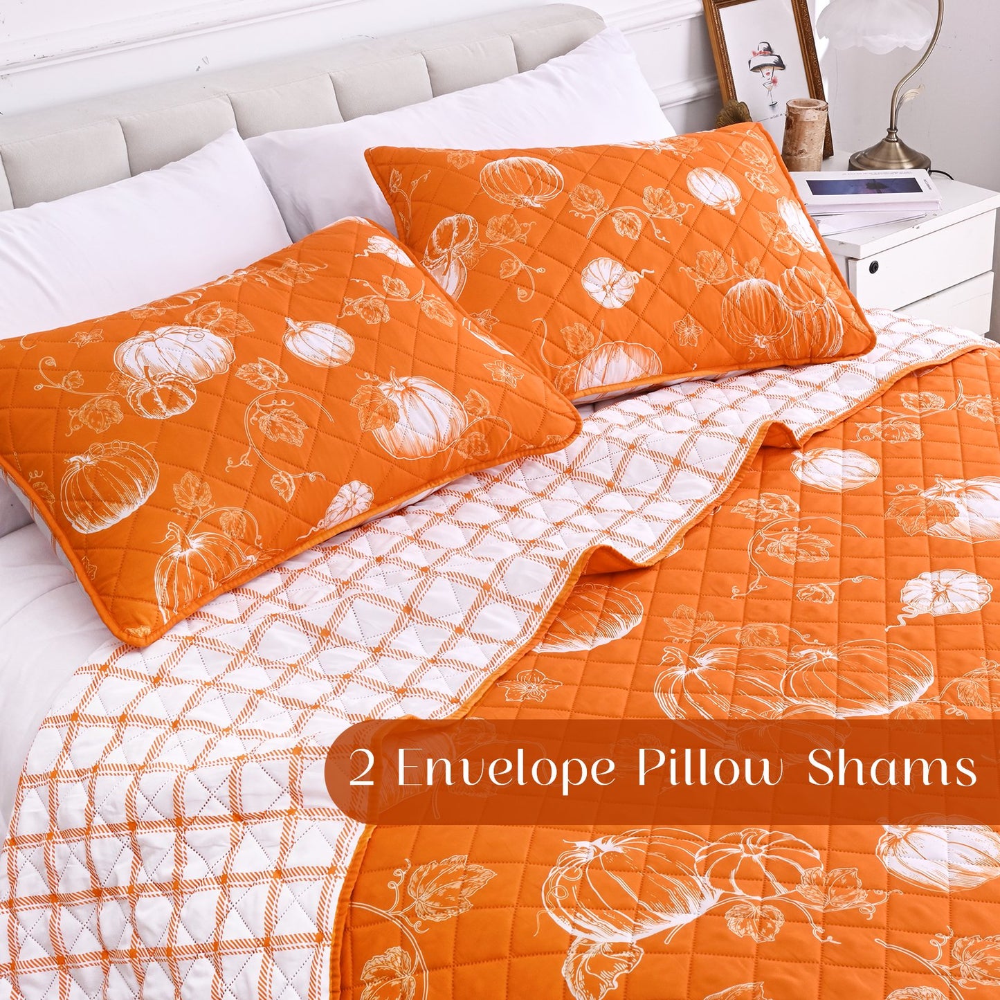 BLEUM CADE 3 Pieces Fall Quilt Set Queen Size, Thanksgiving Reversible Bedding Set Pumpkins Quilt Set, Soft Lightweight Bedspread Coverlet Set Queen