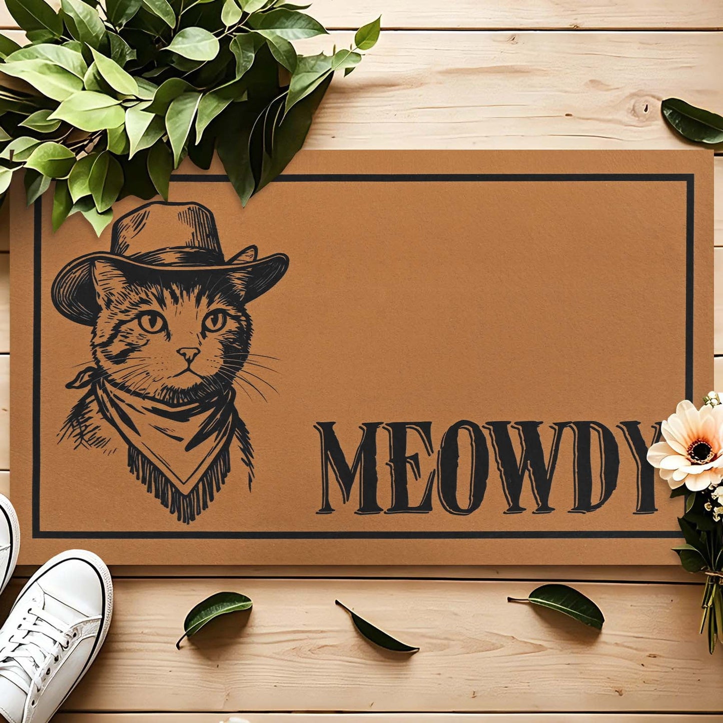 Bleum Cade Meowdy Welcome Mat,Black Cat Low Profile Front Door Mat Non-Slip Rubber Backing Doormat for Cat Lover Outdoor Indoor Home Decor,Brown,18"x30"