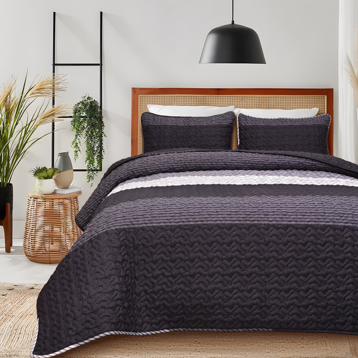 BLEUM CADE 3 Piece Twin Quilt Set with 2 Shams,Purple Gray Lightweight Bedspread for All-Season,Handblock Striped Reversible Quilt Coverlet for Twin Bed