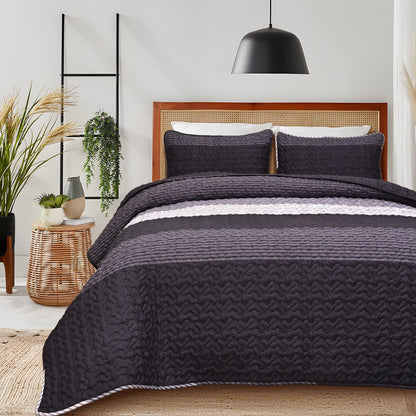 BLEUM CADE 3 Piece Twin Quilt Set with 2 Shams,Purple Gray Lightweight Bedspread for All-Season,Handblock Striped Reversible Quilt Coverlet for Twin Bed