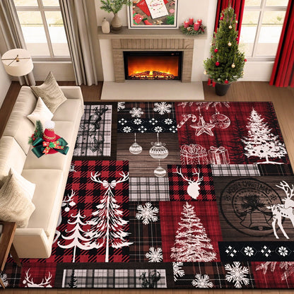 Bleum Cade Christmas Rugs for Living Room 8x10 Area Rug,Christmas Tree Snowflake Washable Rug for Bedroom,Non Slip Durable Soft Buffalo Plaid Throw Rugs, Xmas Carpet for Dining Room