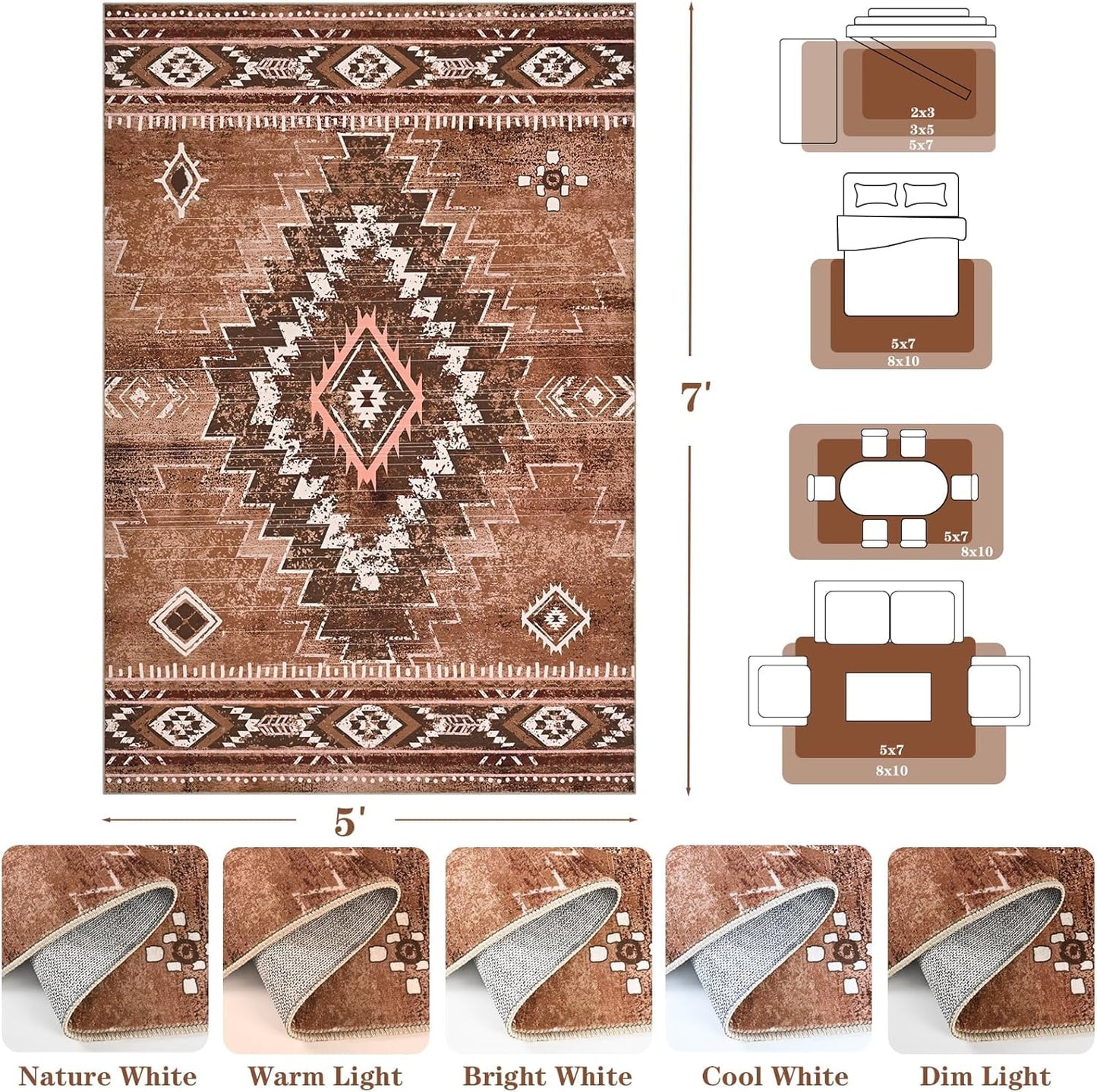 Bleum Cade Western Rugs for Living Room 5x7 Area Rug, Moroccan Washable Rugs for Bedroom, Non-Slip Boho Indoor Rug, Soft Low Pile Stain Resistant Geometric Floor Large Carpet Home Decor,Brown